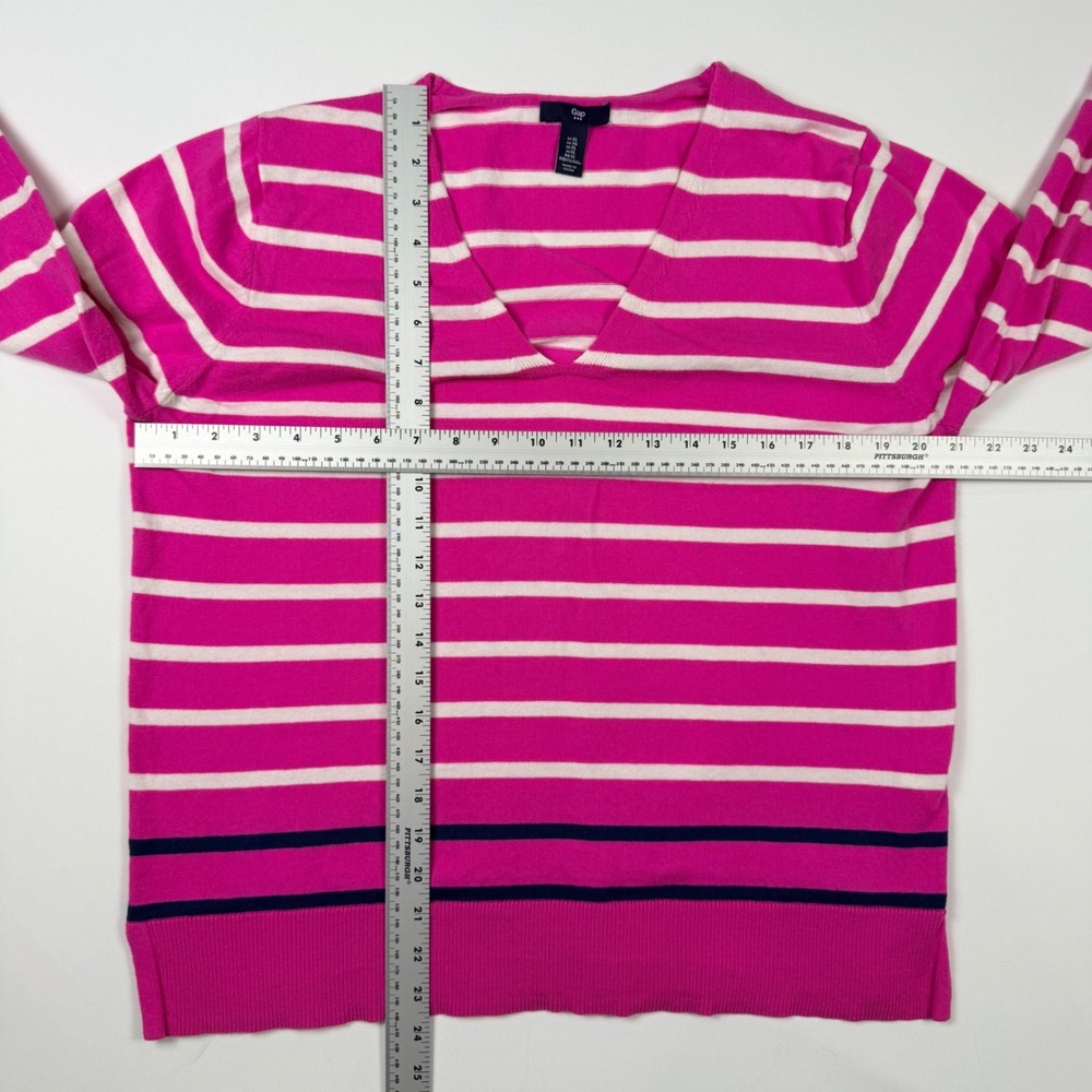 Gap V-Neck Striped Sweater Womens XL Pink White Navy Blue Excellent Cotton SP16 - Picture 4 of 7